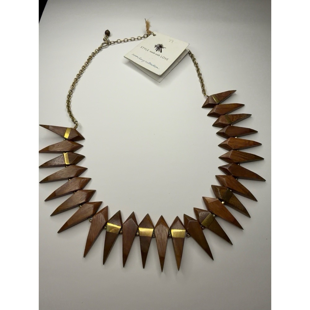 Noonday Wood Spike Statement Necklace Brass Geometric Adjustable Fair NWT